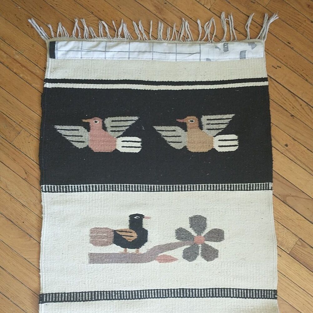 Vtg Zapotec Mexican Tapestry Wall Hanging Birds Wool Hand Woven Southwest 26x59" - Picture 3 of 12